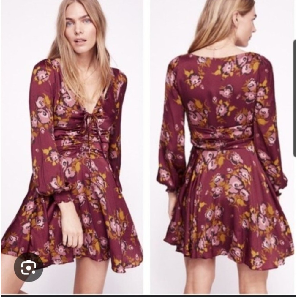 Free People Purple Floral Babydoll Morning Light Puff Sleeve Mini Dress Sz 10‎